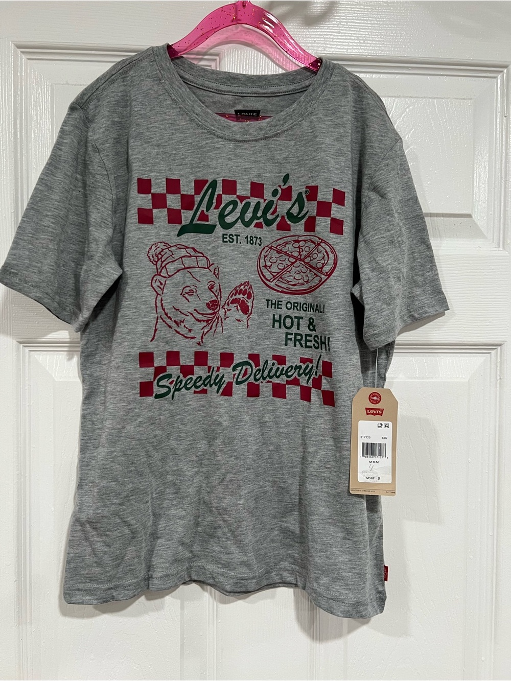 Levi's Gray Tee with Red Checker & Green Logo